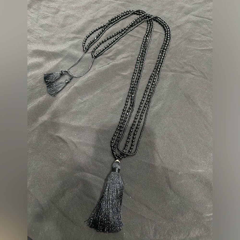 Black Beaded Necklace with String Tassel